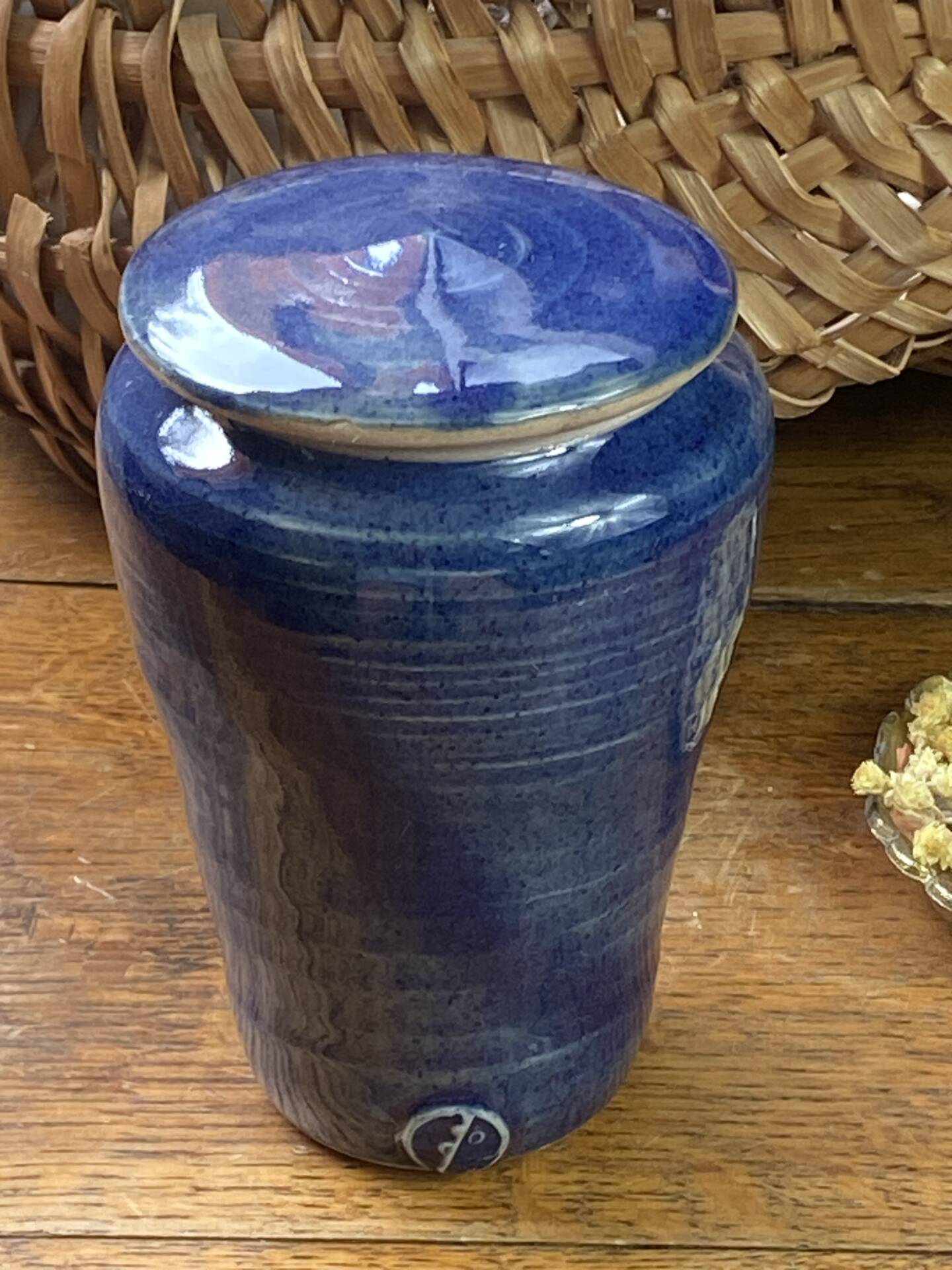 Glazed blue stoneware bonbonnière