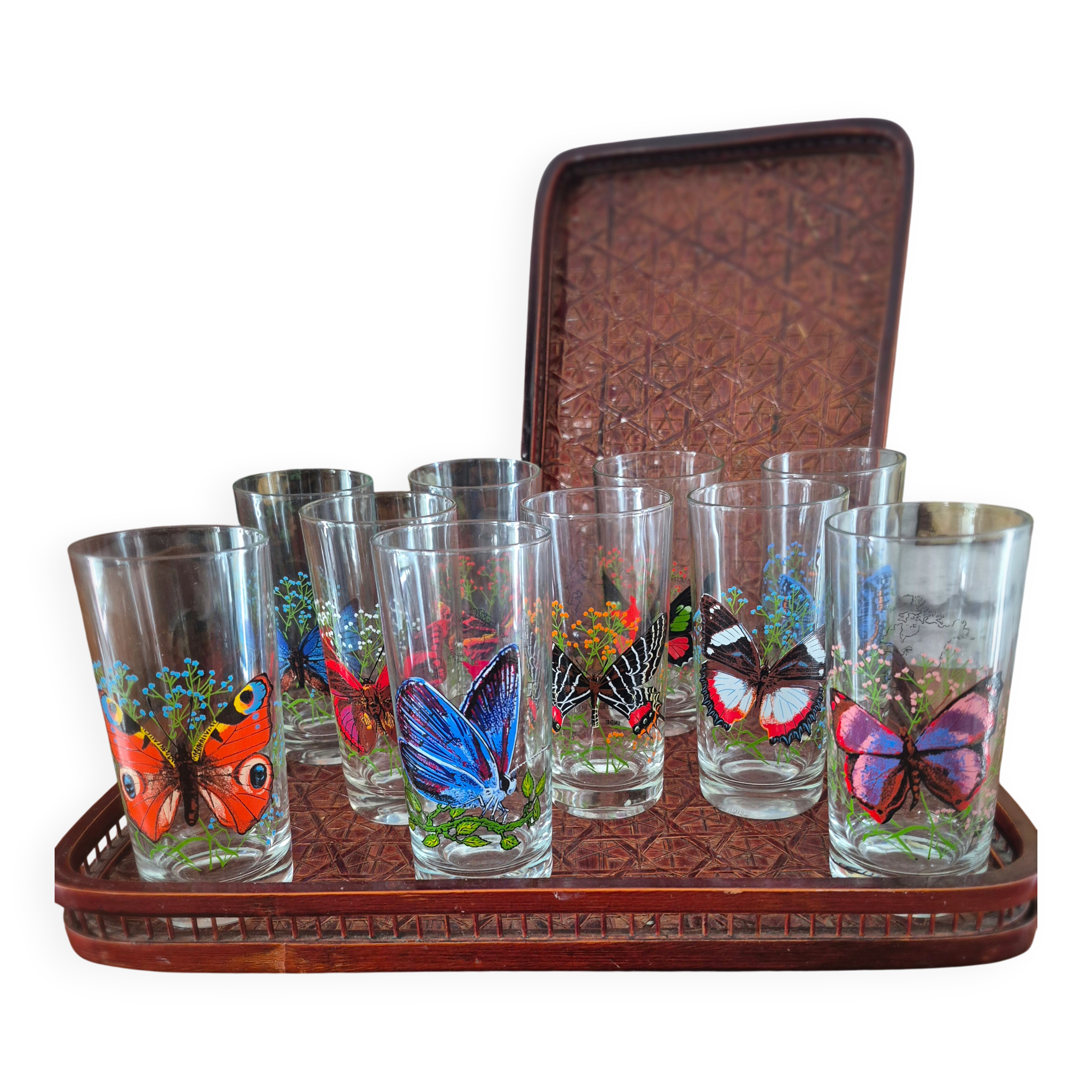 Set of 10 butterfly glasses from the Reims glassworks, vintage.