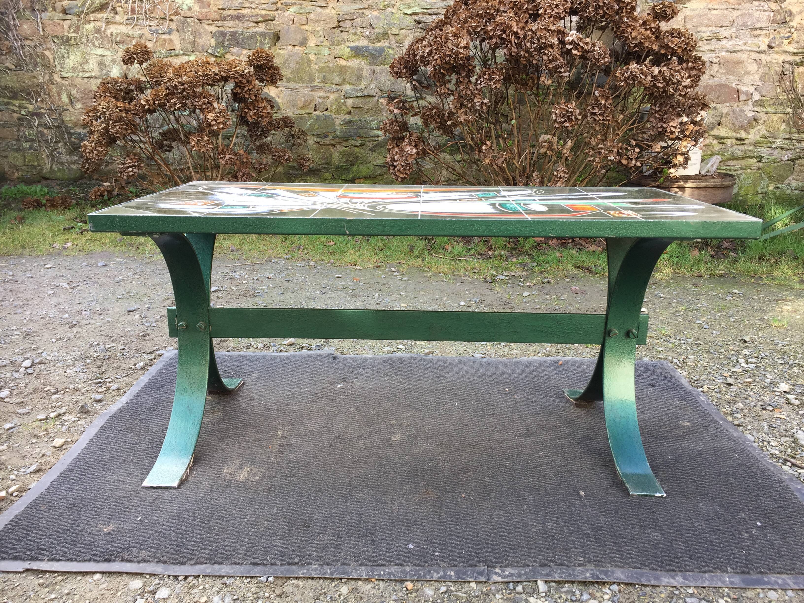 Vintage ceramic coffee table Vallauris spirit with metal x base