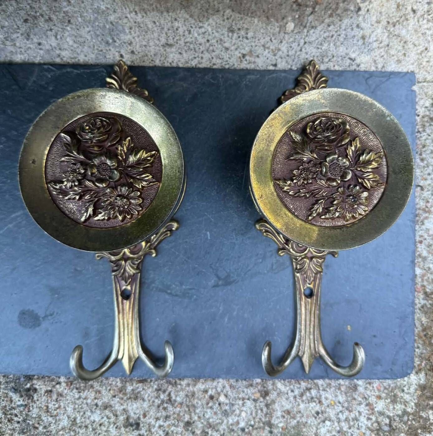 Pair of large solid brass coat hooks vintage Italy
