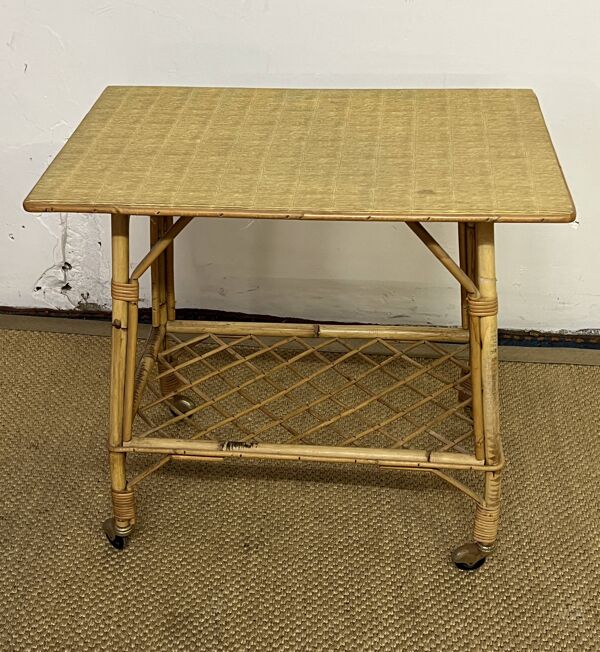 Desserte roulante / table d'appoint en bambou et rotin, 1960