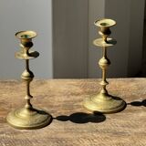 Pair of gilded candlesticks with engraved flower garland motifs H22