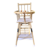 Vintage high chair for children, wood and mauve