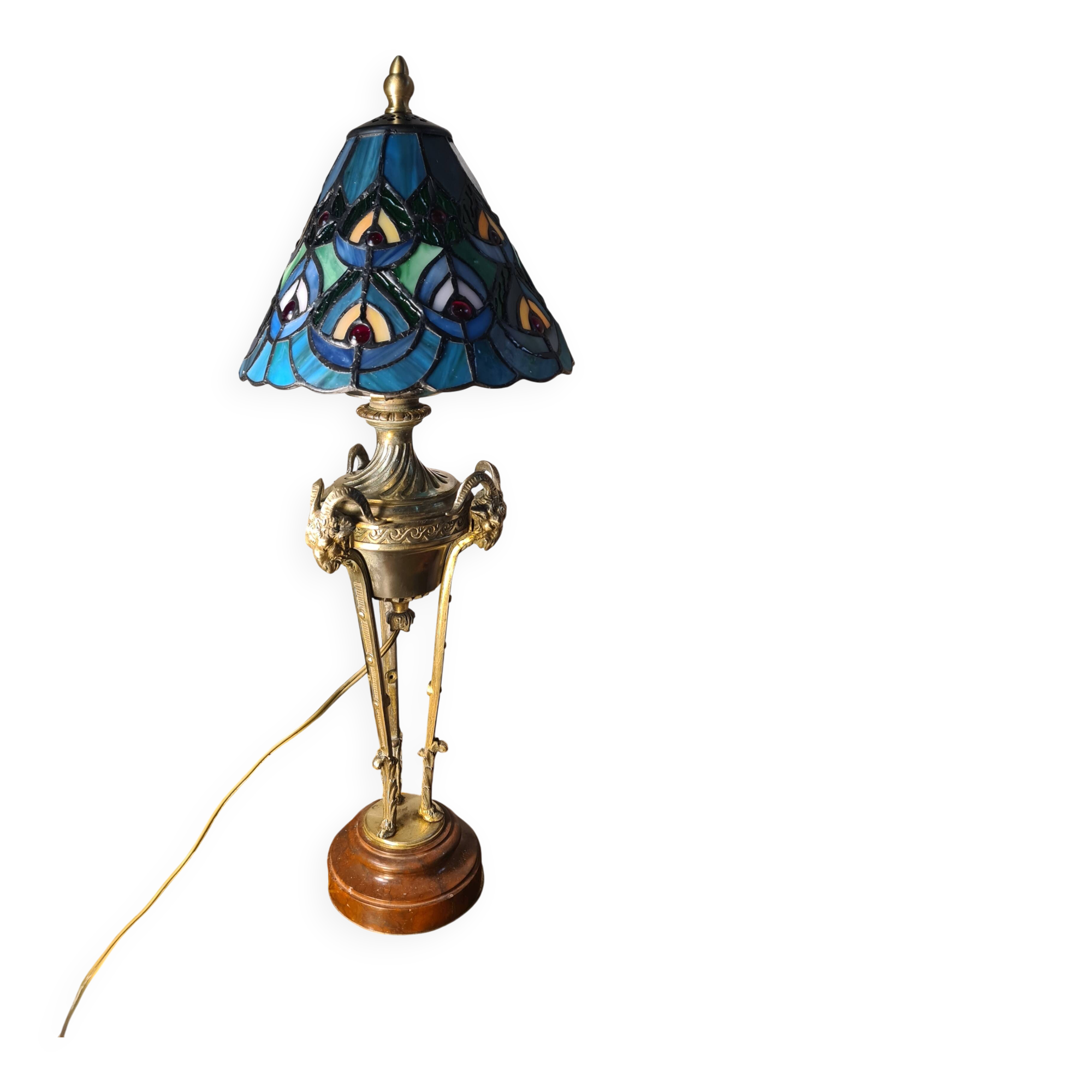bronze lamp with a goat's head from the 19th century and a stained glass lampshade soldered with lead