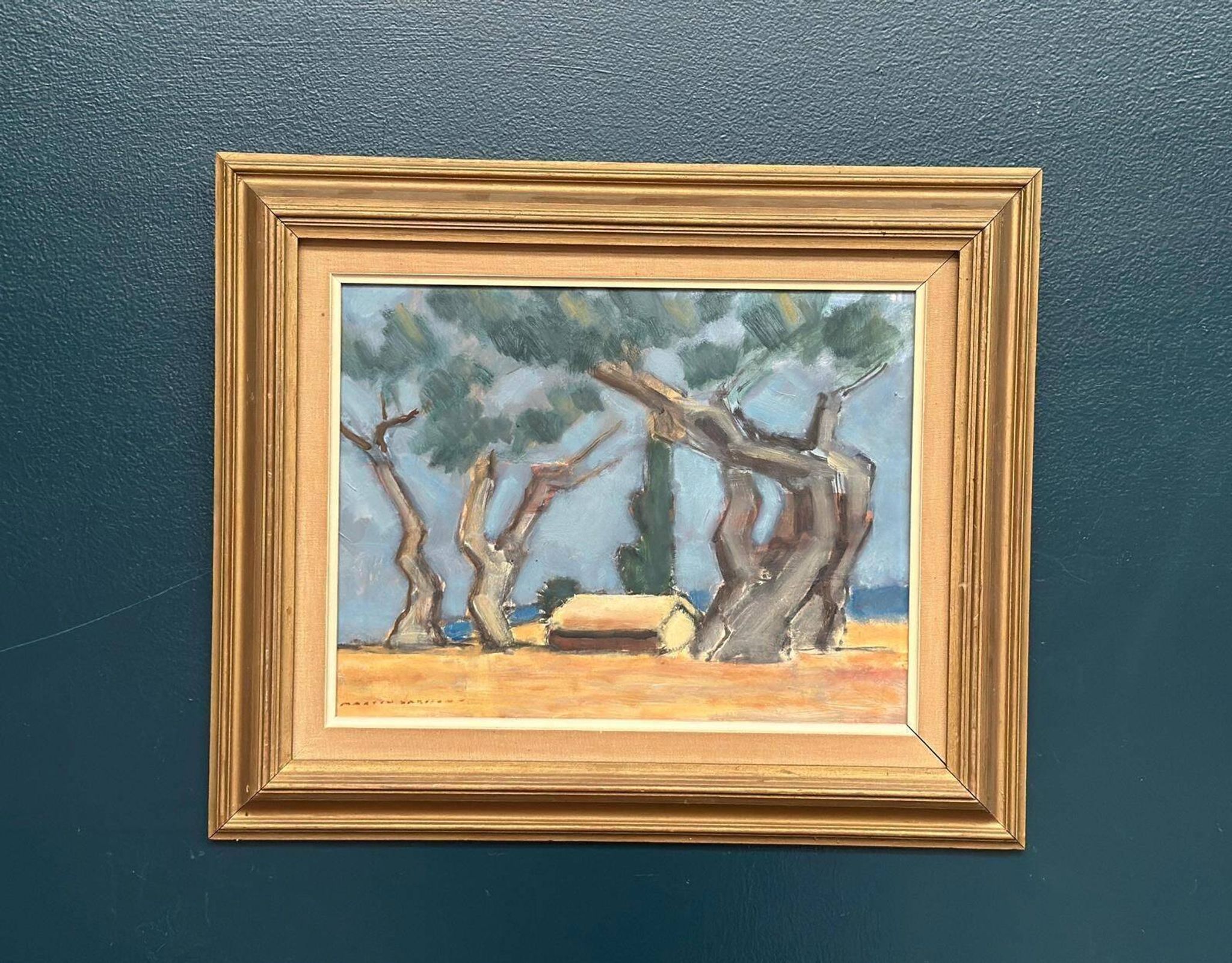 Original Swedish Oil On Panel – “Hut Between Trees” By Martin Larsson – Vintage & Framed – 48 × 40 Cm (18.9" × 15.7")