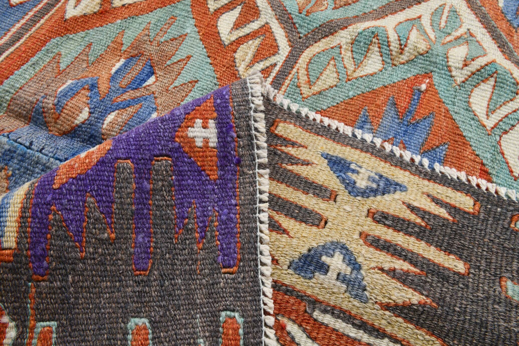 7x10 Green & Blue Geometric Pattern Kilim Rug, 222x303Cm