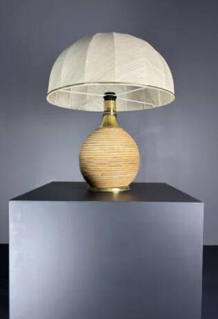 Large midcentury pencil reed rattan bamboo mushroom table lamp, 1970s