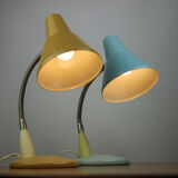 Adjustable Desk Lamp in Blue and Sand Painted Metal and Chrome-Plated Spiral Arm, 1970s, Set of 2