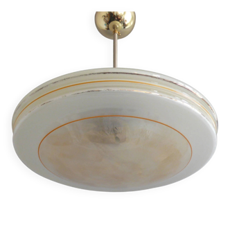 Suspension beige Art Déco, style soucoupe volante, lustre en laiton - années 1940-1950