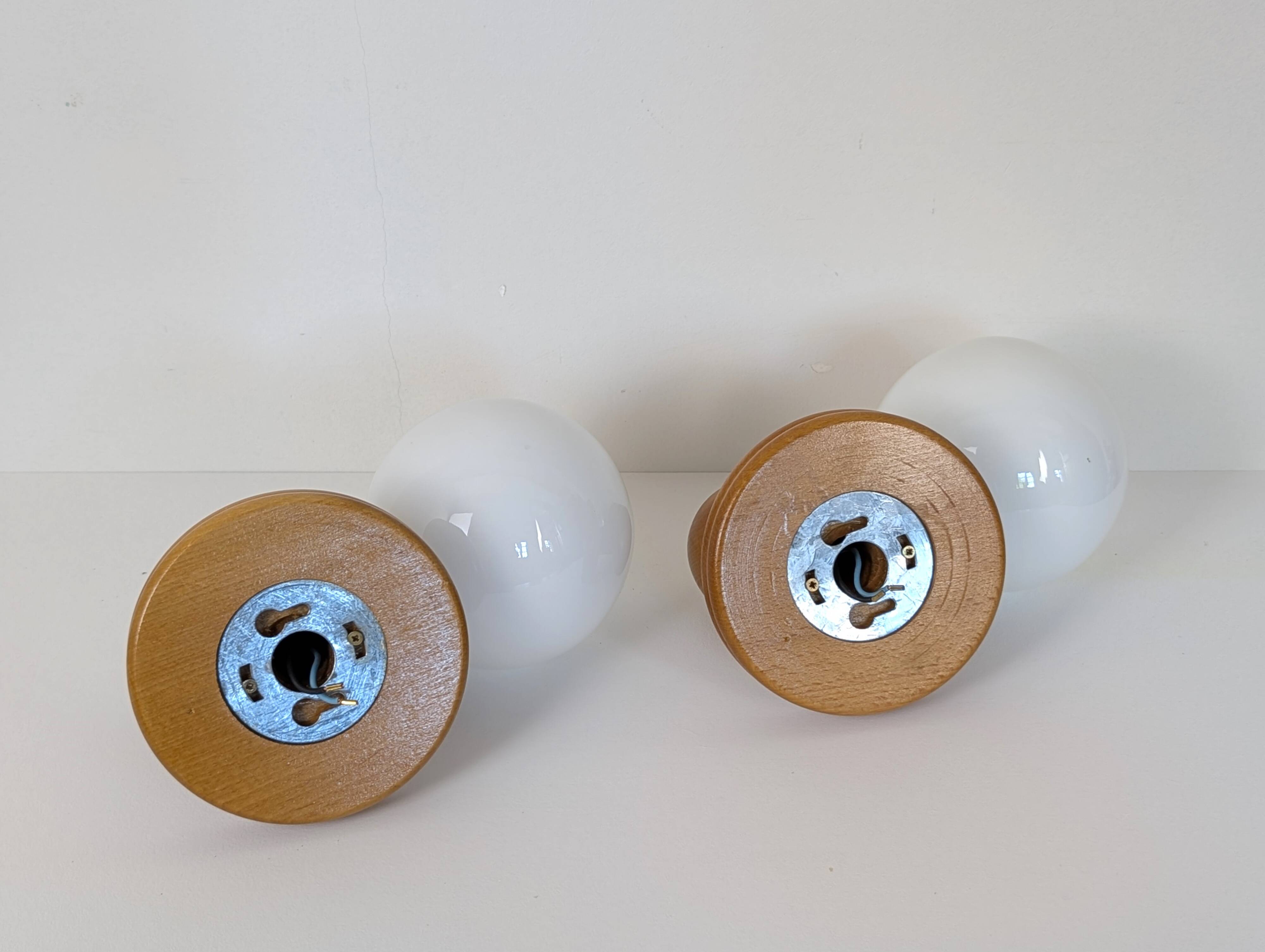Pair of pine and opaline wall lights