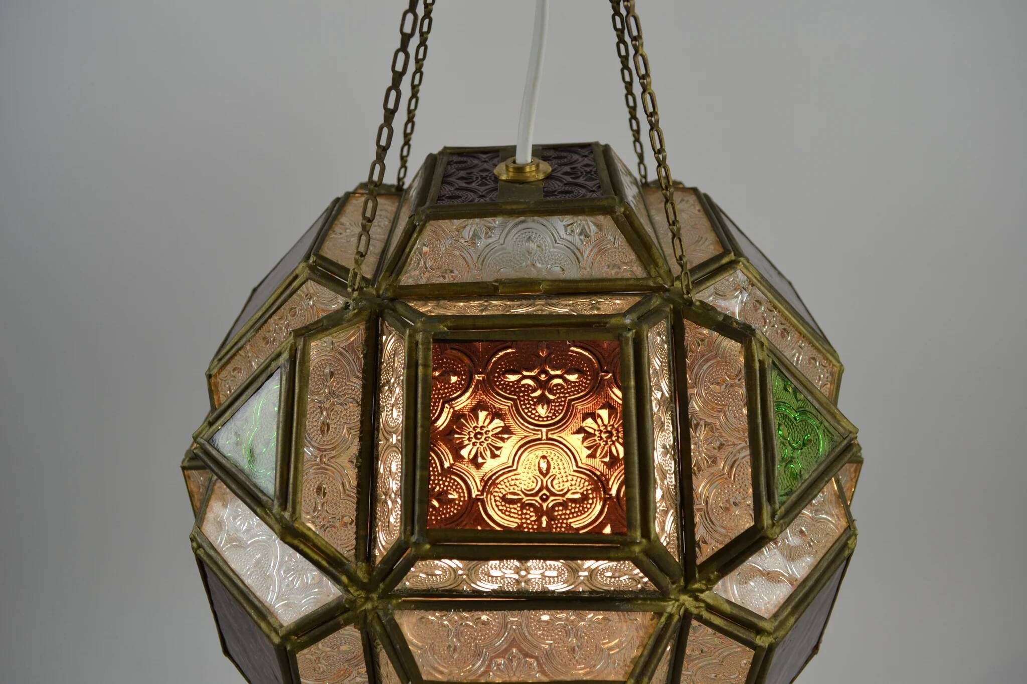 Multicolored Pressed Glass and Brass Pendant Lantern, Scandinavia, circa 1940s–1950s