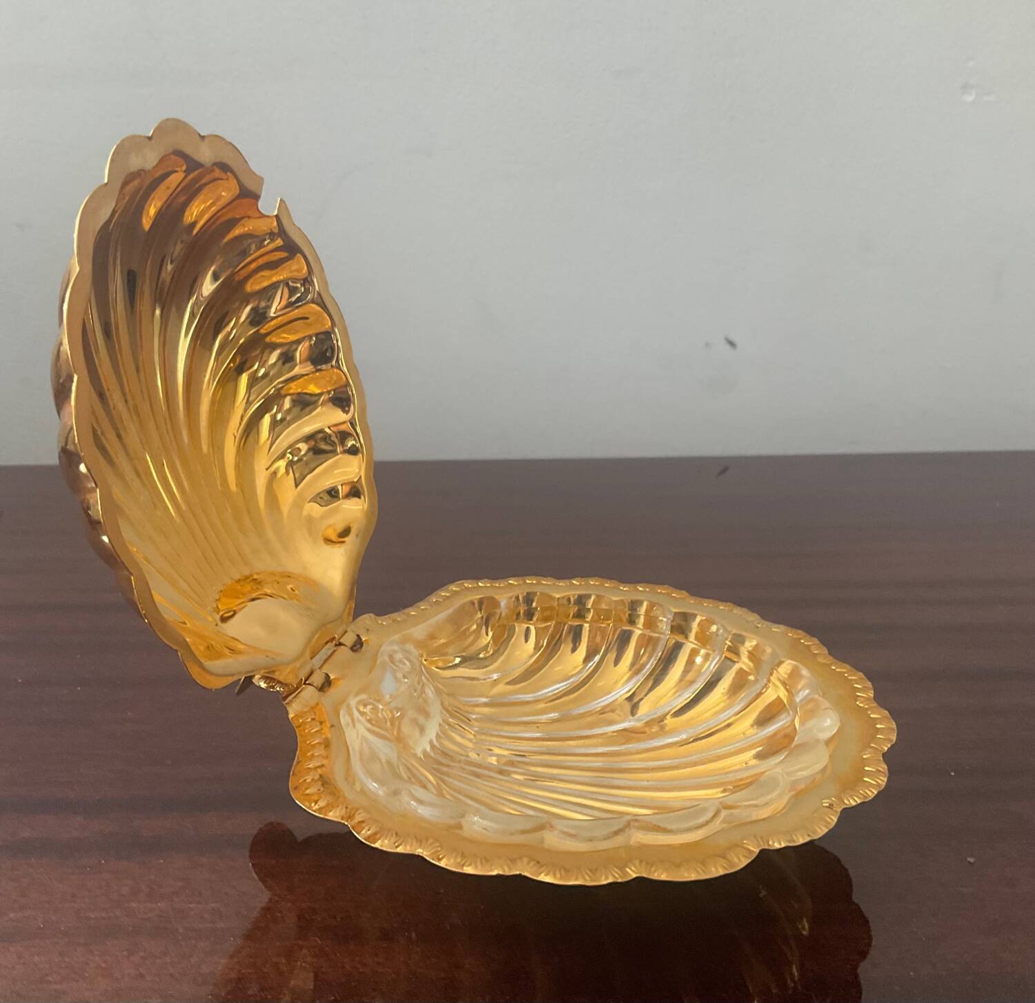 Vintage shell butter dish in gold metal