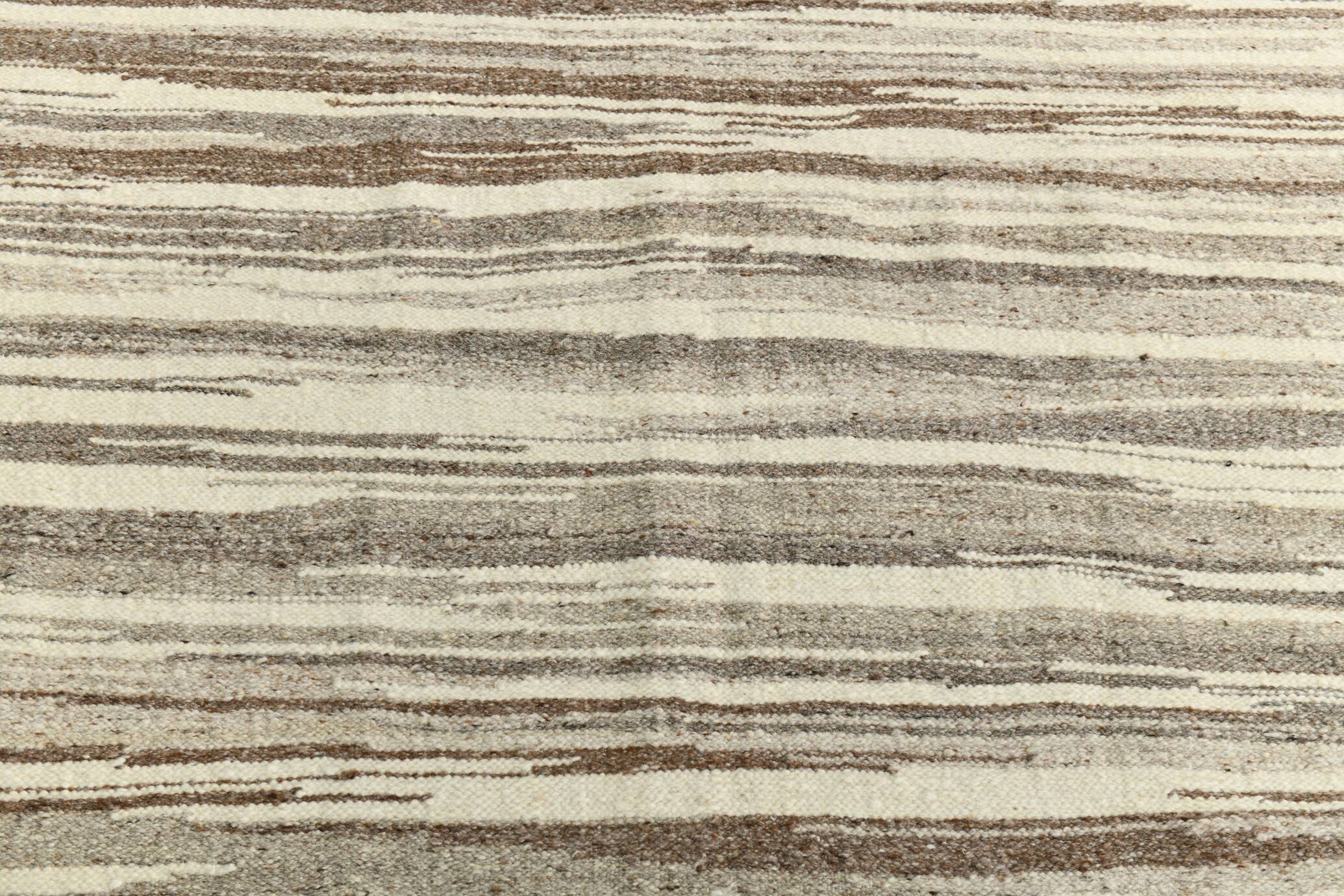 8x11 Brown Beige Minimalist Handmade Wool Kilim Rug, 226x350Cm