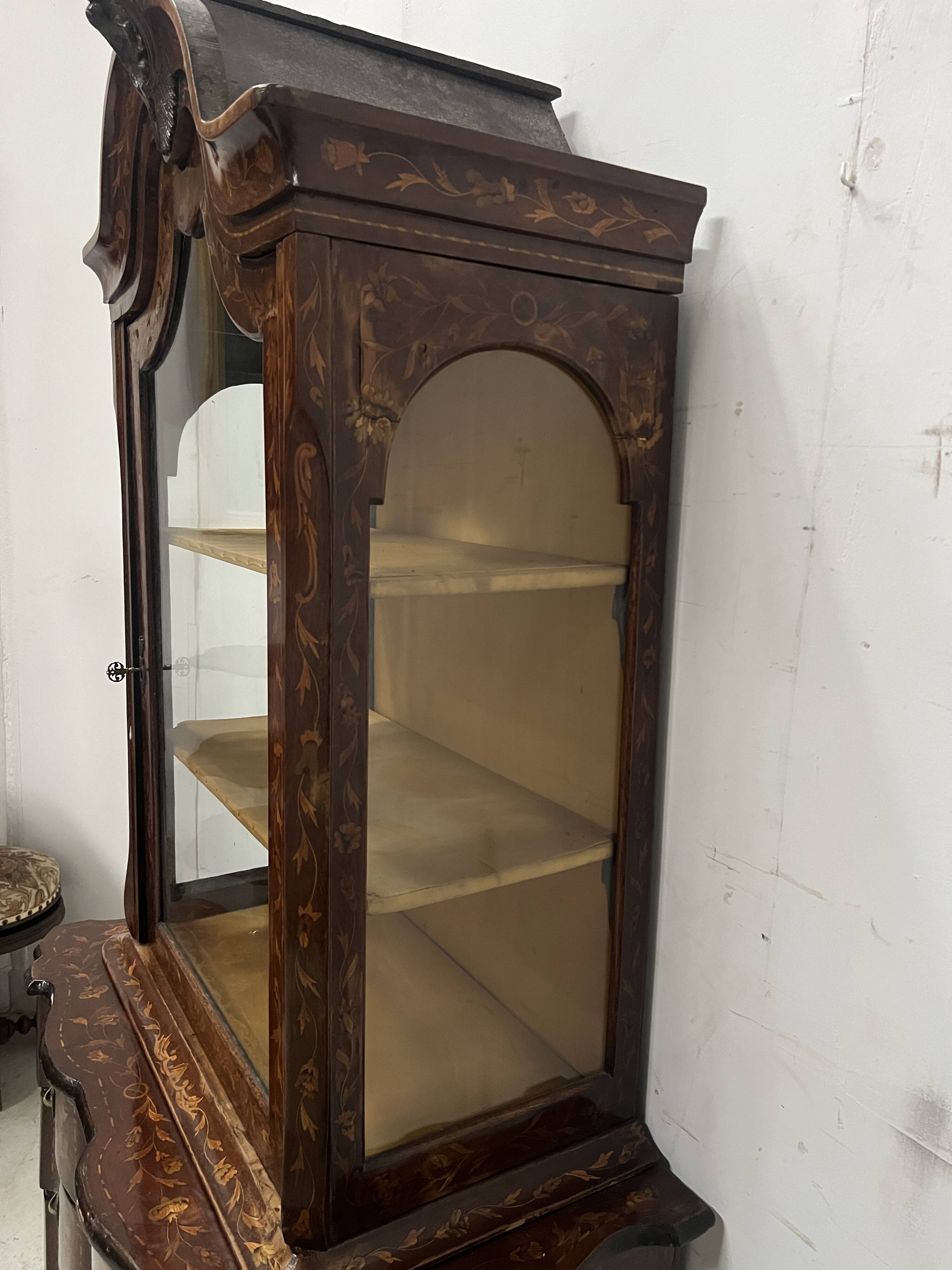 Dutch display cabinet in two parts made of marquetry wood.