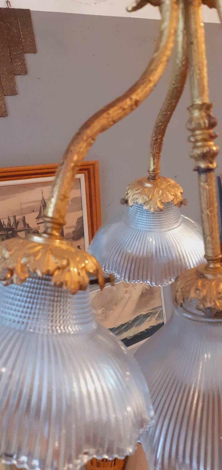 Chandelier in gilded bronze late 19th century around 1900 holophane glassware