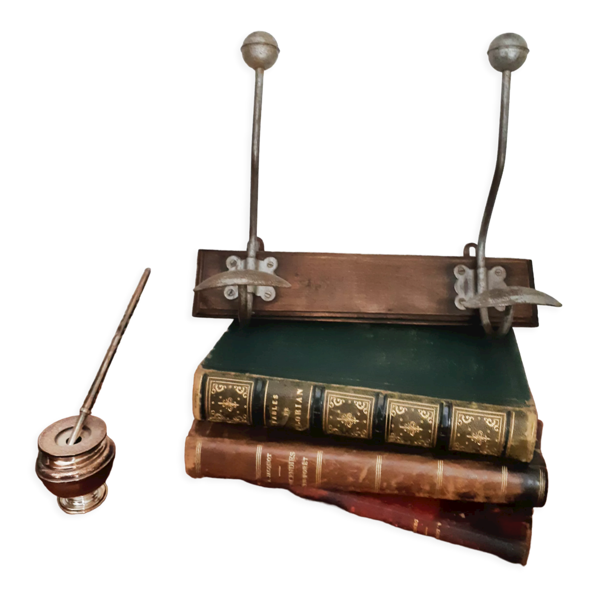 Coat rack in wood and iron 2 heads, vintage, 50s/60s, cloakroom, hook