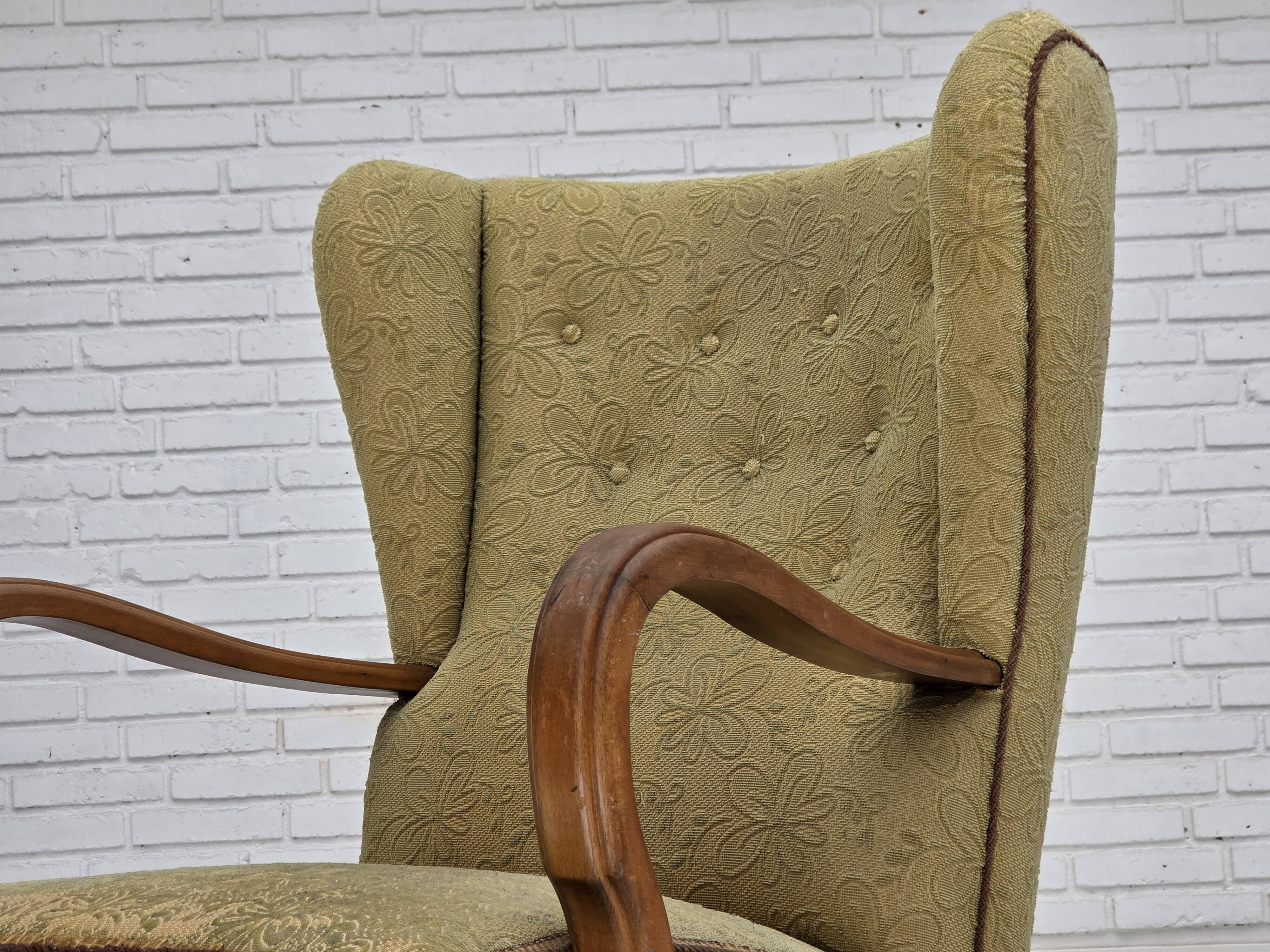 1960s, Danish armchair, light green furniture velour, beech wood.