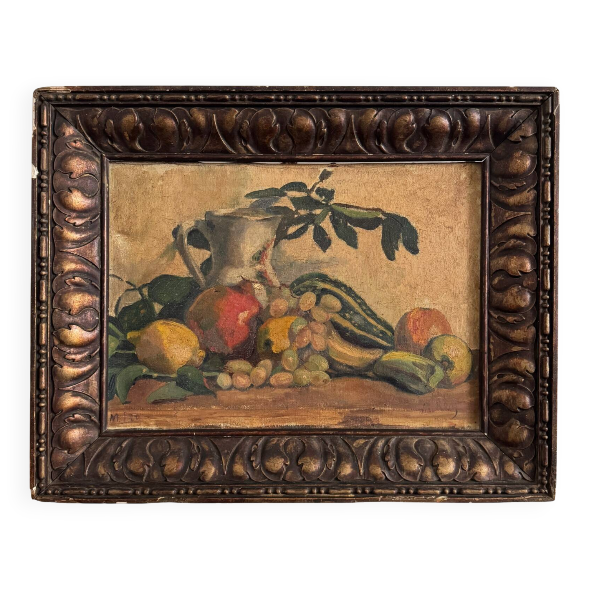 Oil on canvas by M. Rery still life with fruits and vegetables 20th century