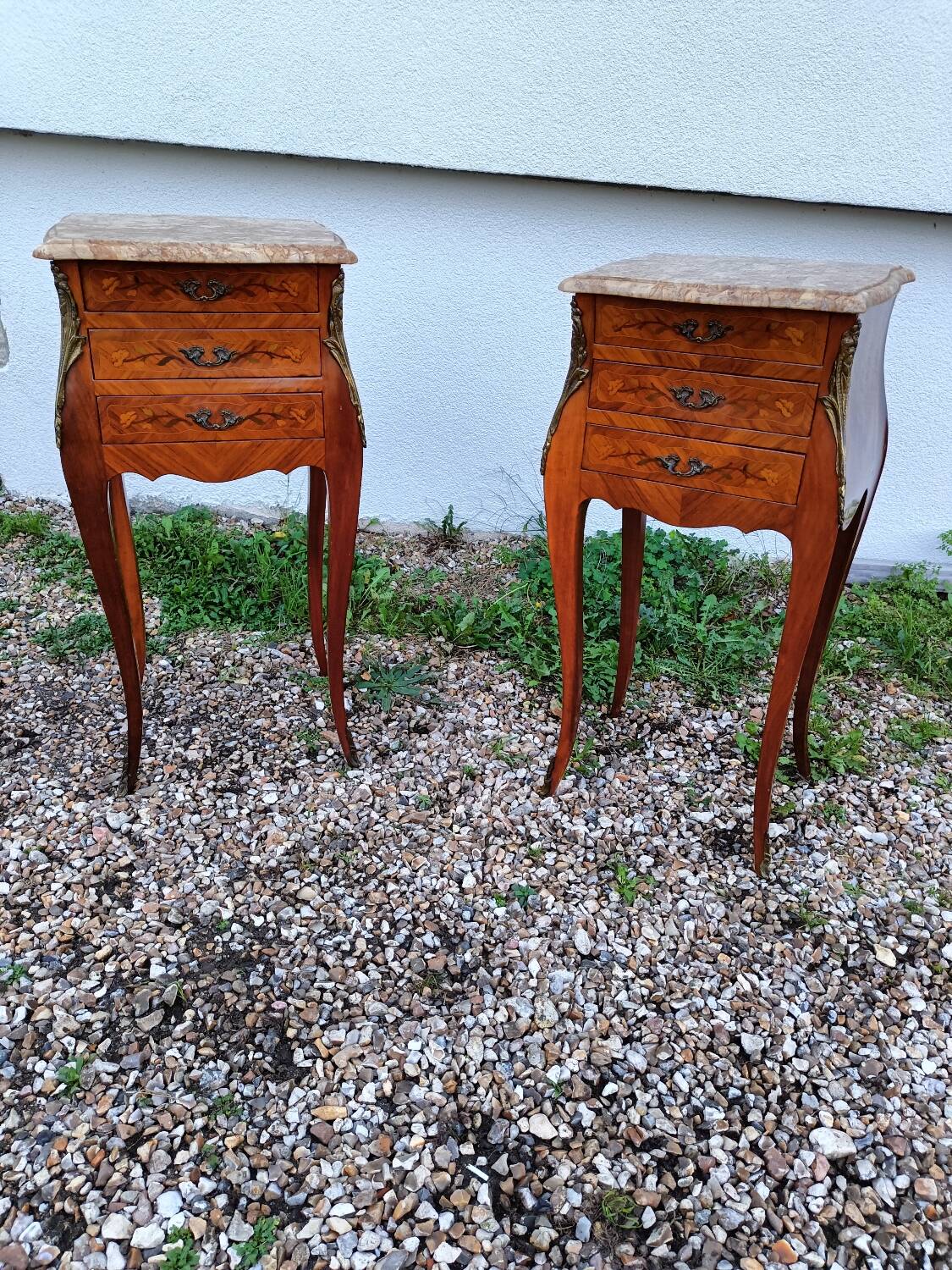 Louis xv style marble top marquetry bedside tables