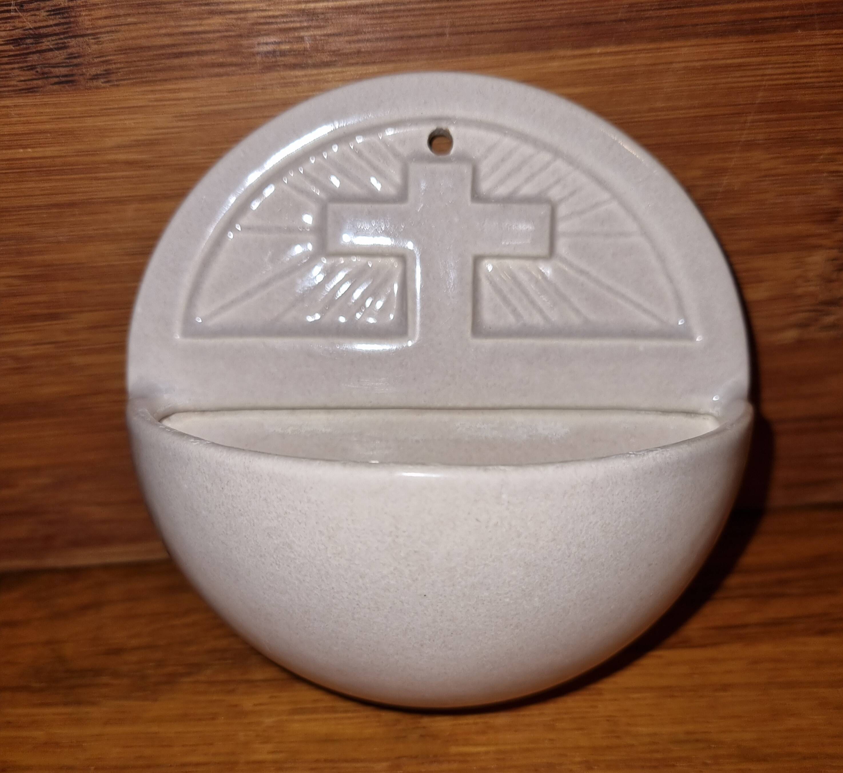Antique earthenware holy water font from Desvres, 1950s
