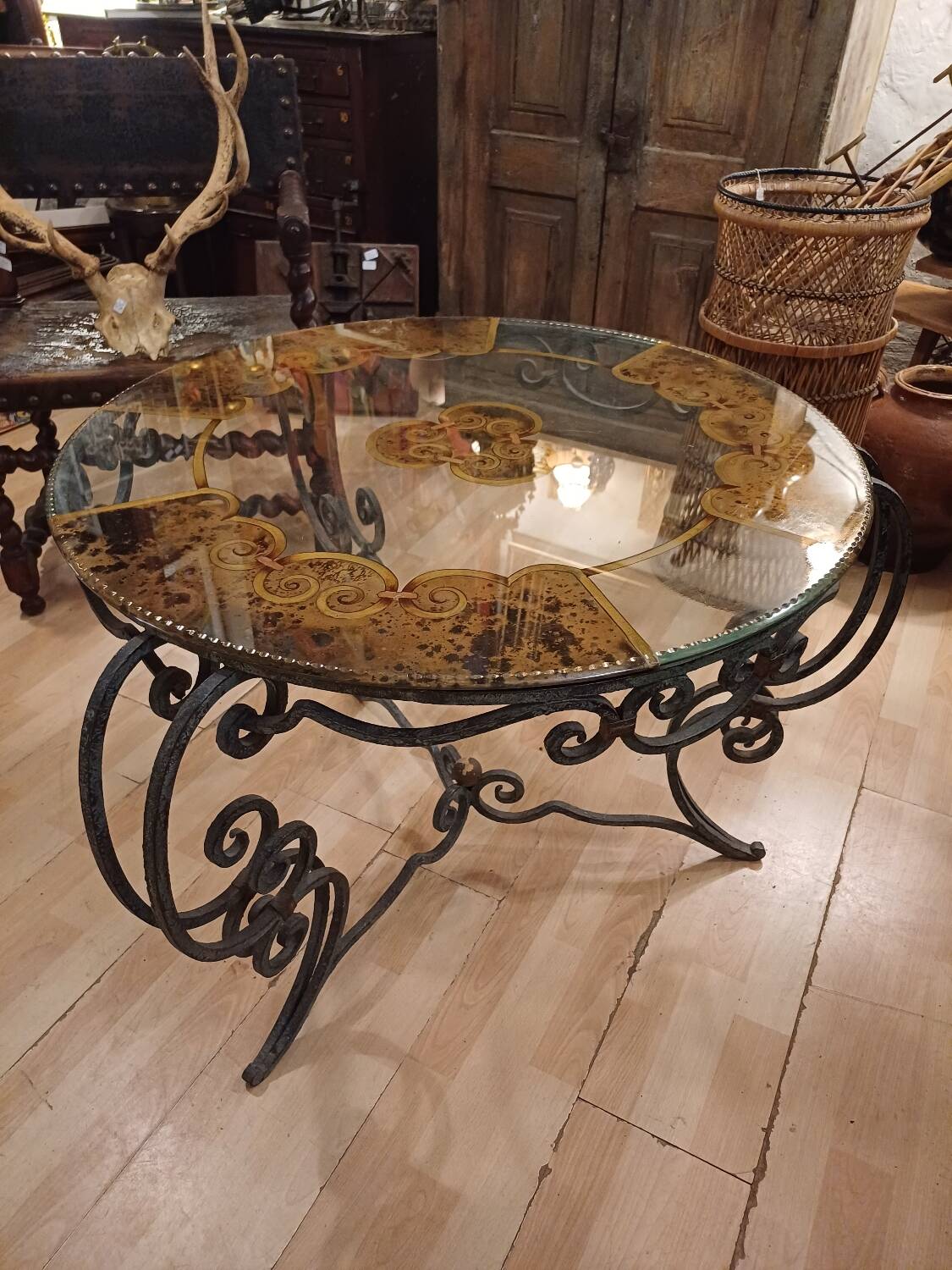 Wrought iron and glass tea table, 1930-1940