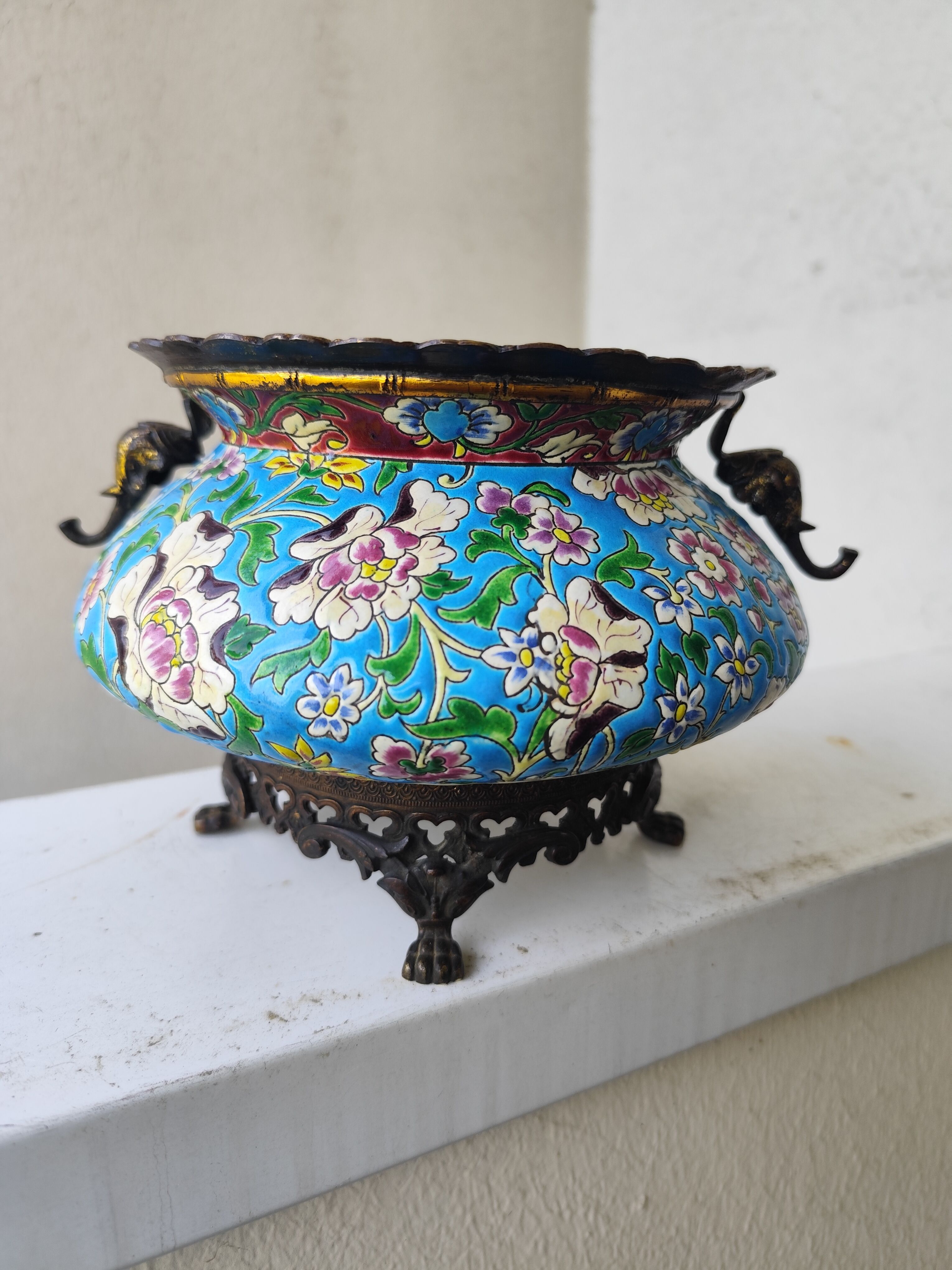 Antique jardinière ceramic enamel Longwy with bronze mount elephant head