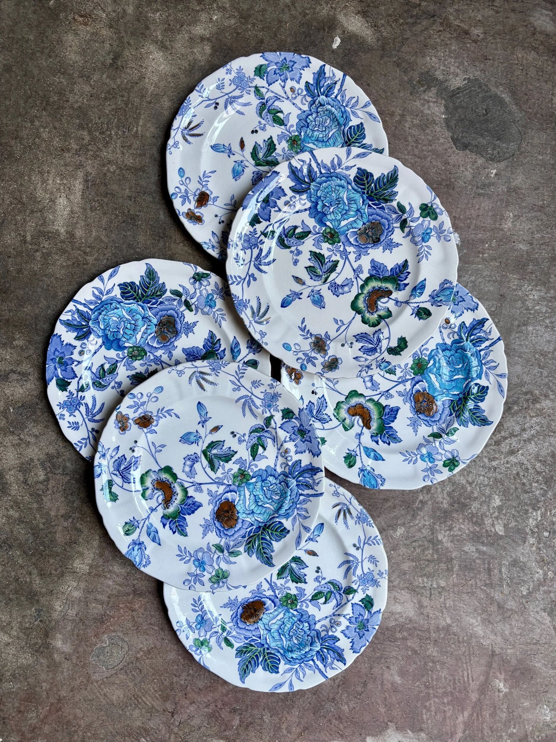6 flat plates by Mason's in polychrome ironstone, "Belvedere" service - early 20th century