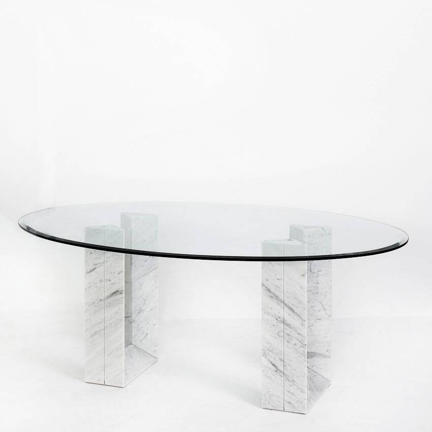 Table named "Diapason". Carrara marble and glass. Cattelan Italia. 90s.