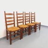 Set of 4 vintage brutalist Charles Dudouyt chairs in wood and straw from the 60s