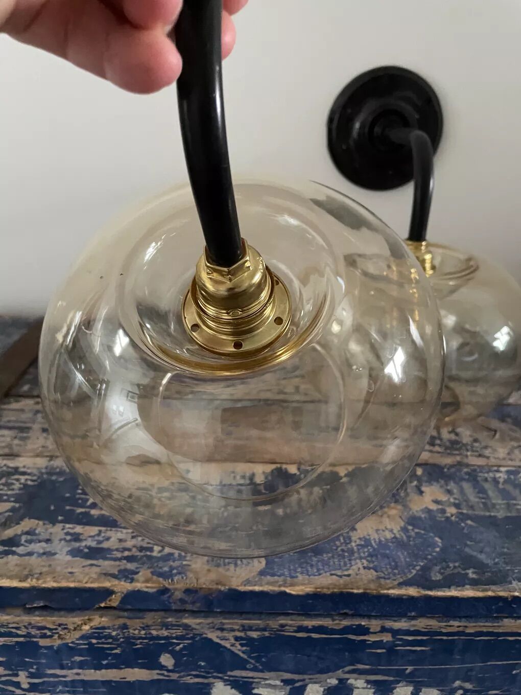 Pair of vintage electrified smoked glass wall lamps