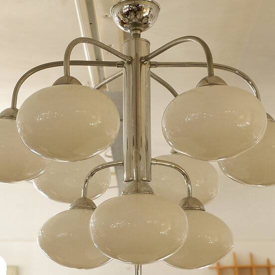10-light chandelier in opaline and chrome-plated metal, 1960