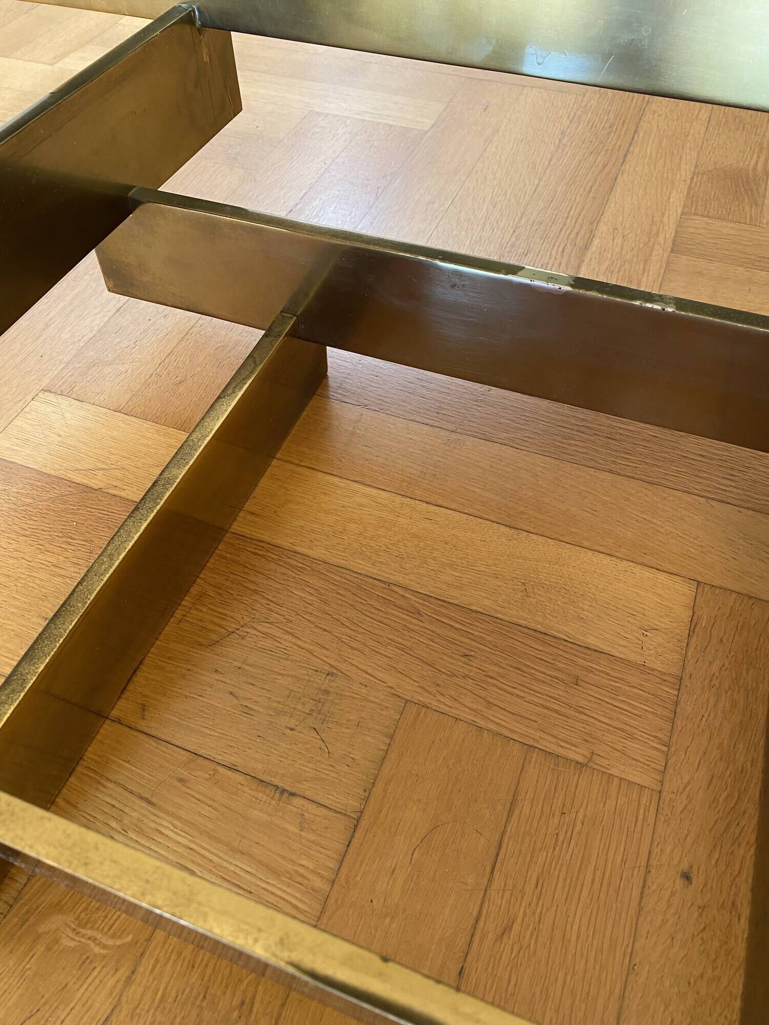 Vintage 1970s Square Coffee Table in Brass and Smoked Glass, David Hicks