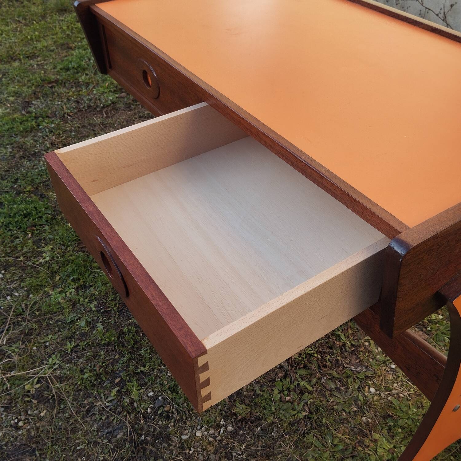 Mahogany and formica console desk, 70s design.