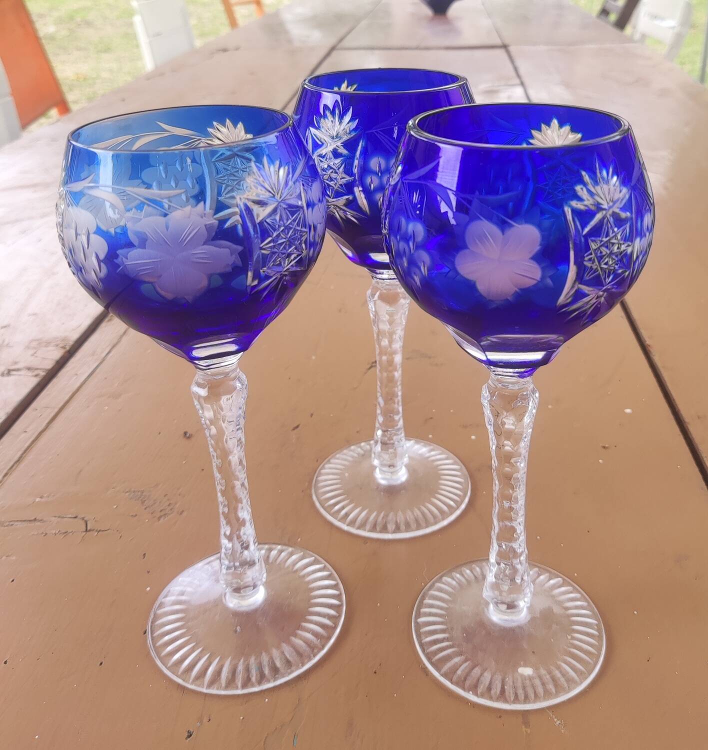 3 large cobalt blue cut crystal stemmed glasses