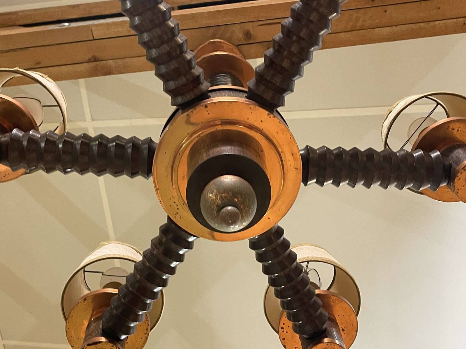 6-light oak chandelier from the 50s
