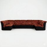 Modular Sofa Set (7 Pieces) — Velour Upholstery in Red-Orange Floral Patter