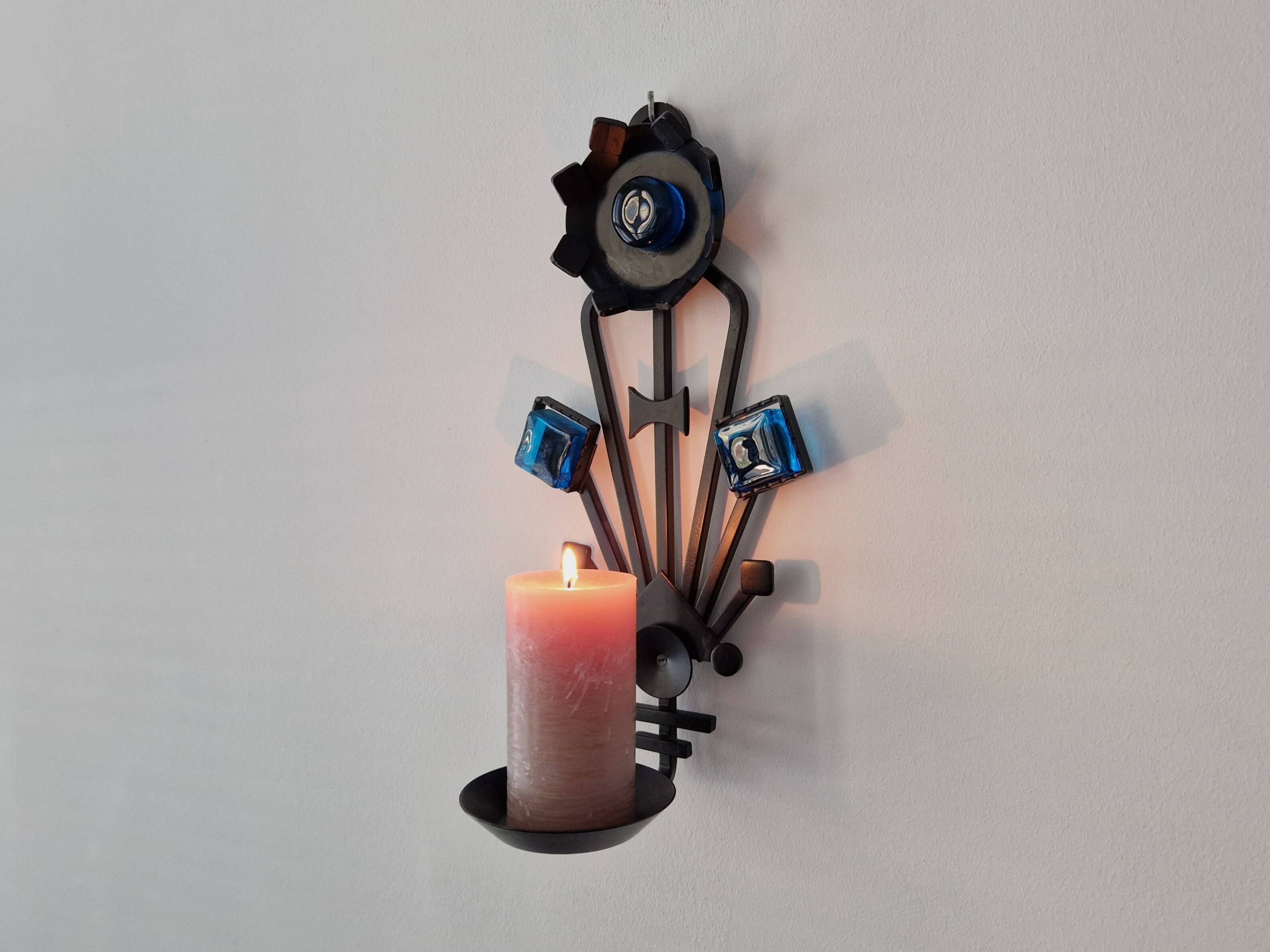 Sculptural Iron and blue glass candle sconce for Dantoft, Denmark 1960's/1970's
