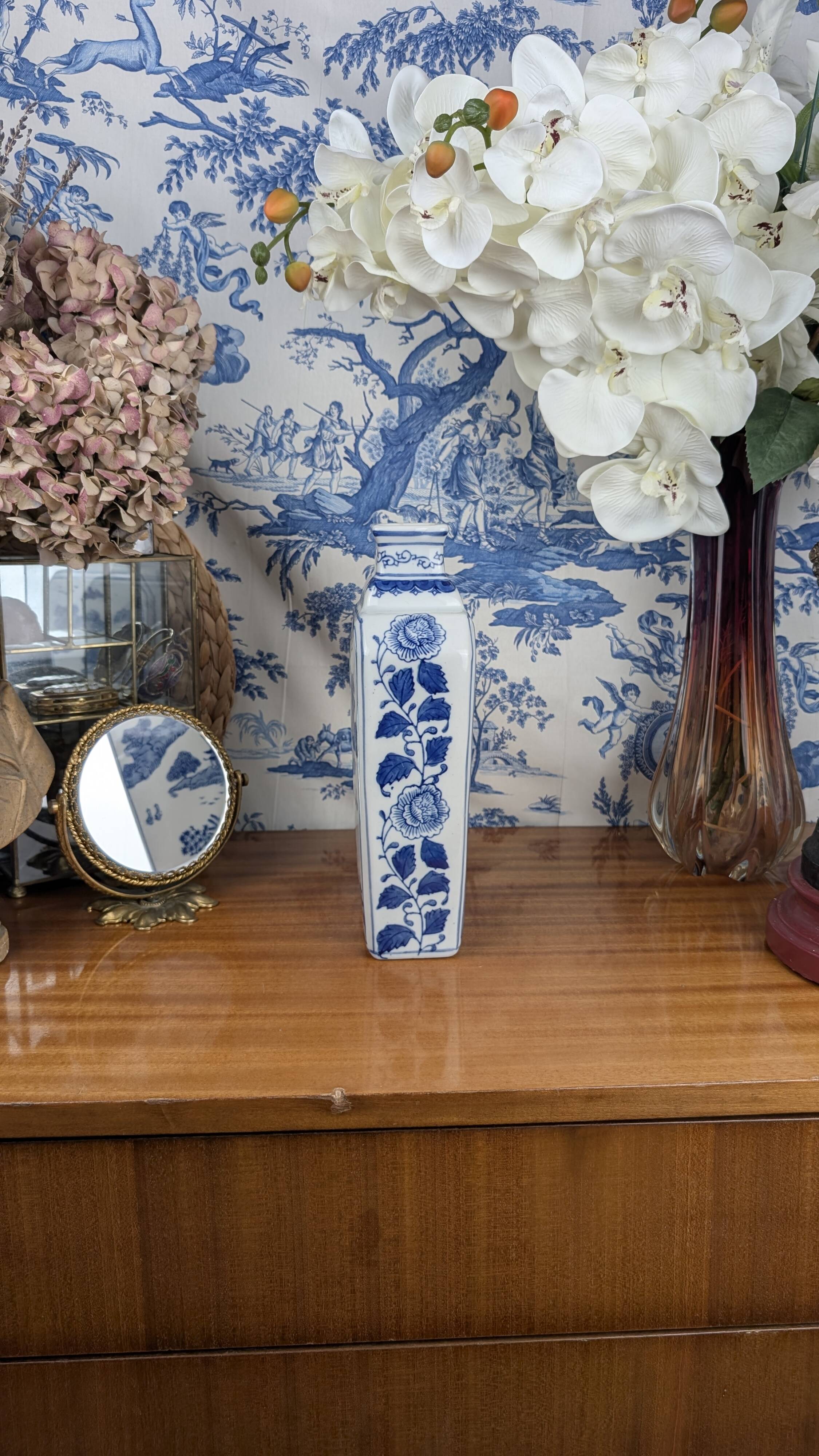 Rectangular Hue Blue Vase Vietnamese Landscape Decor 20th Century