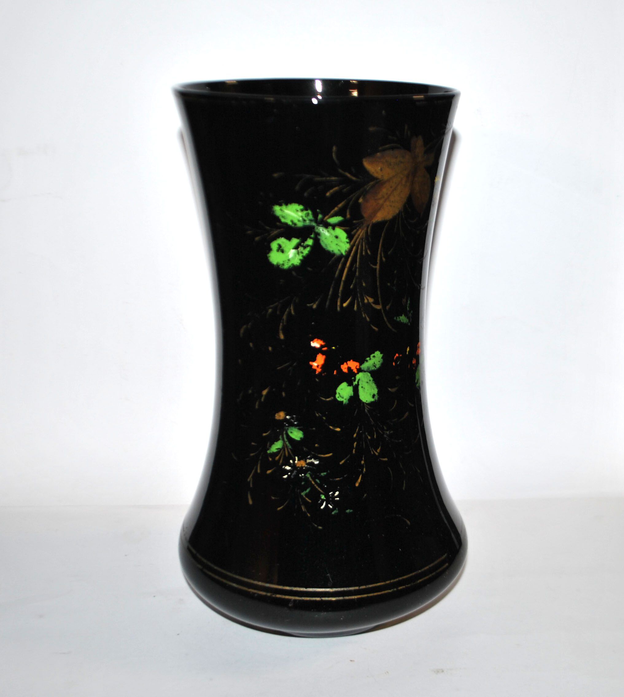 Charles X vase in black opaline with hand-painted floral enamel decoration, 30 cm.