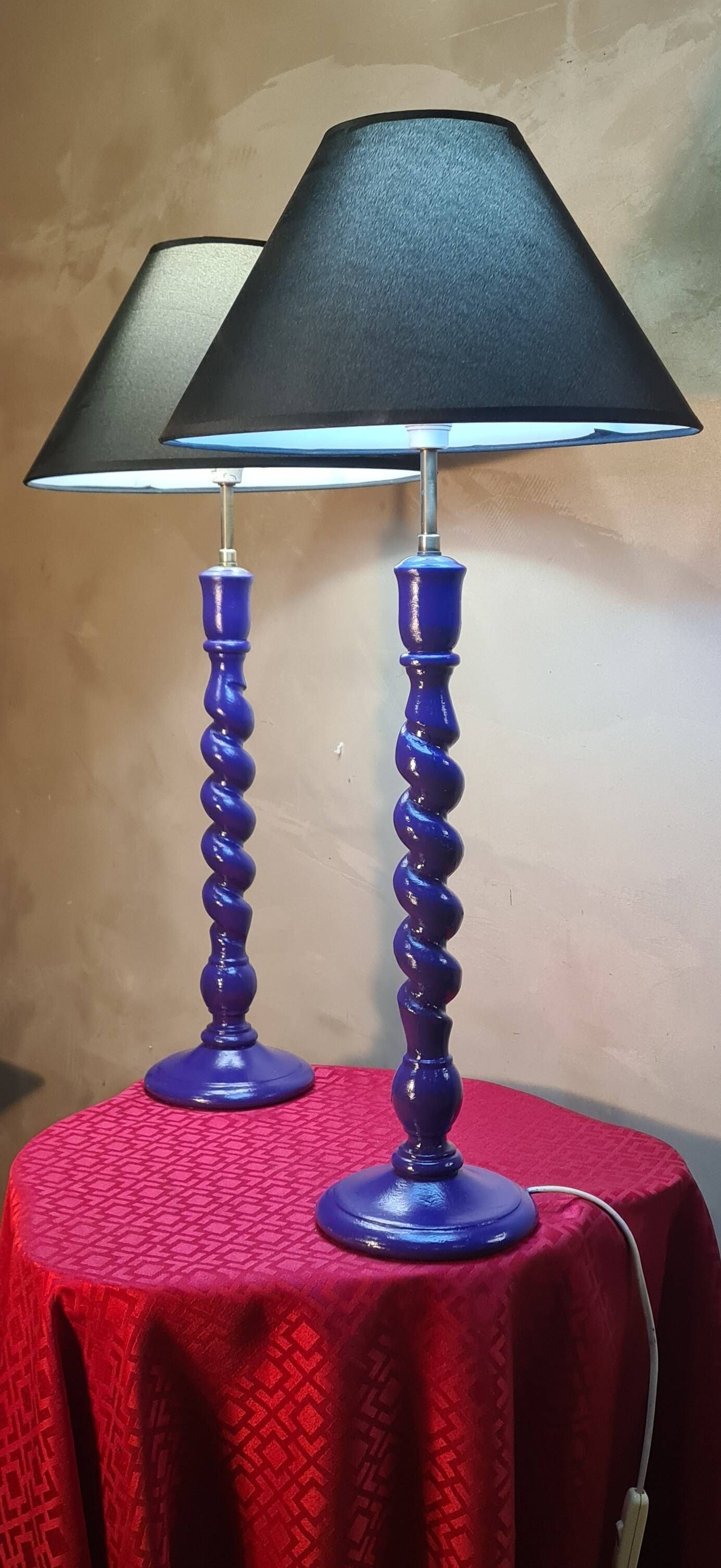 pair of twisted wooden lamps purple electric check 62x30
