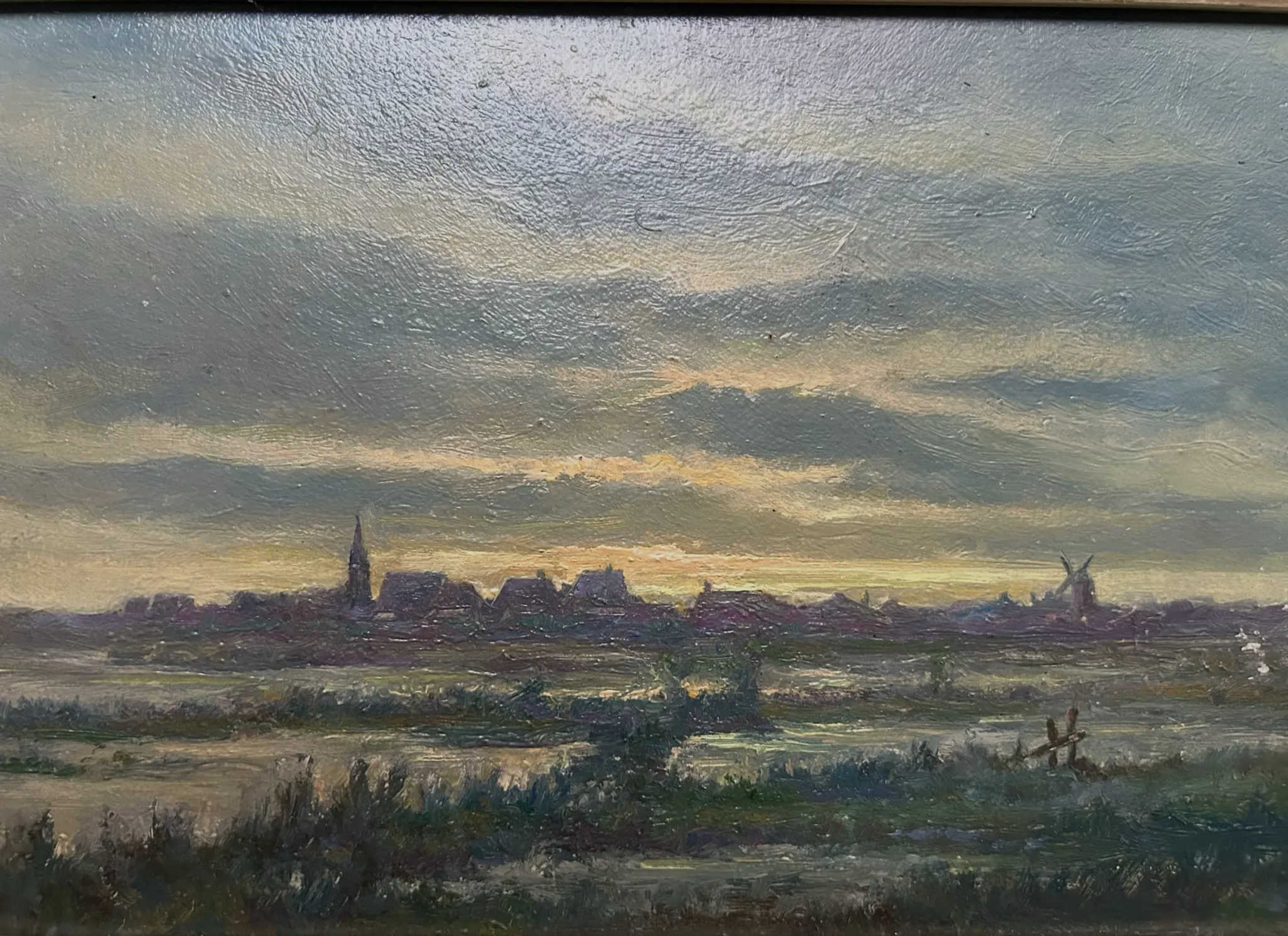 Village at Dusk, Oil on cardboard, 20th Century School