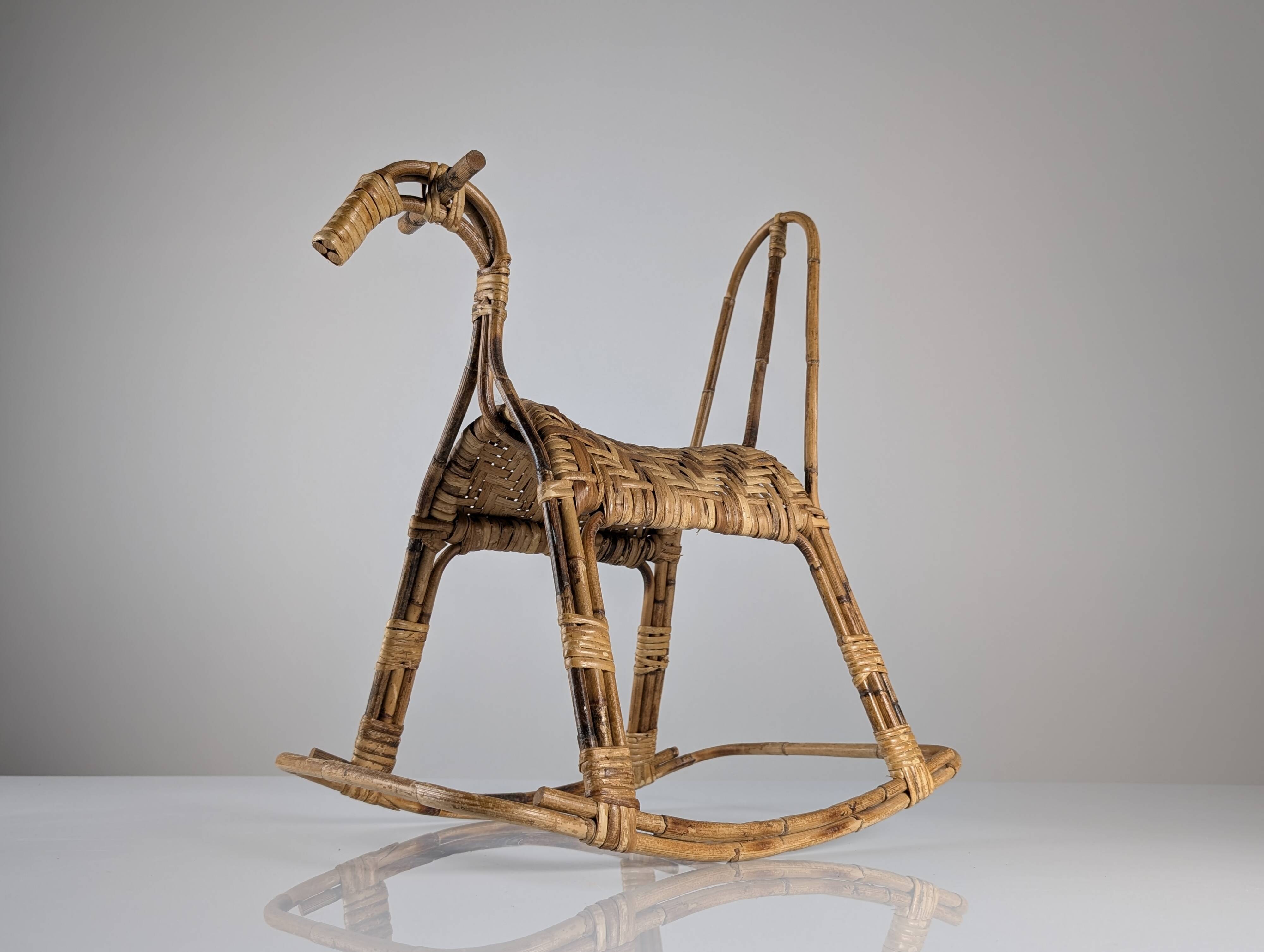 Children's rocking horse made of bamboo and rattan 1960s
