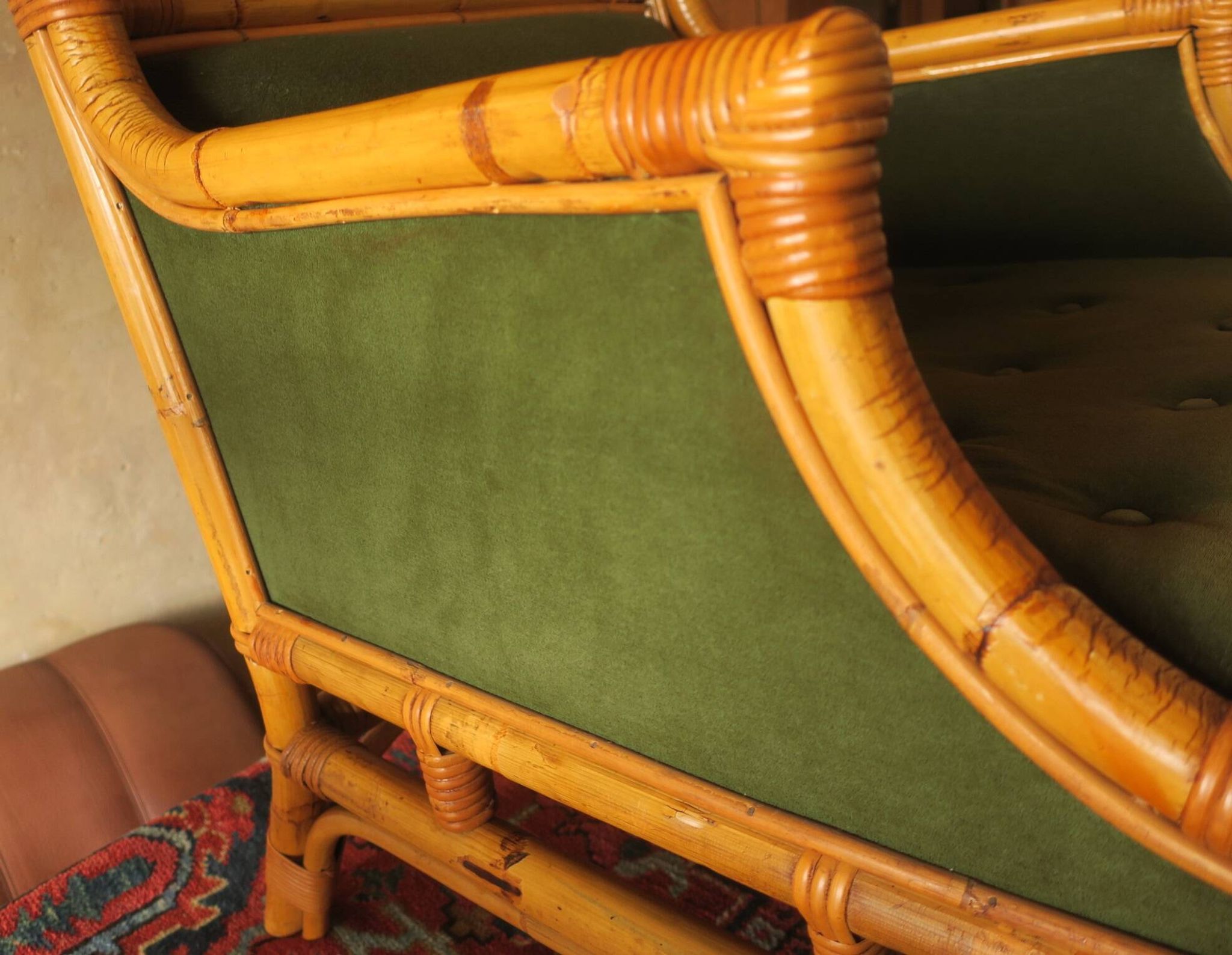 Mid-century wingback chair in bamboo and olive green, 1960s