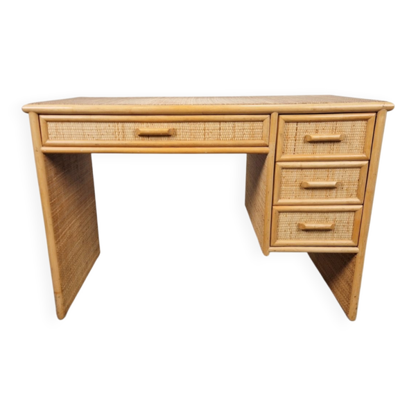 Bureau en bambou rattan vintage français avec tiroirs, années 1970