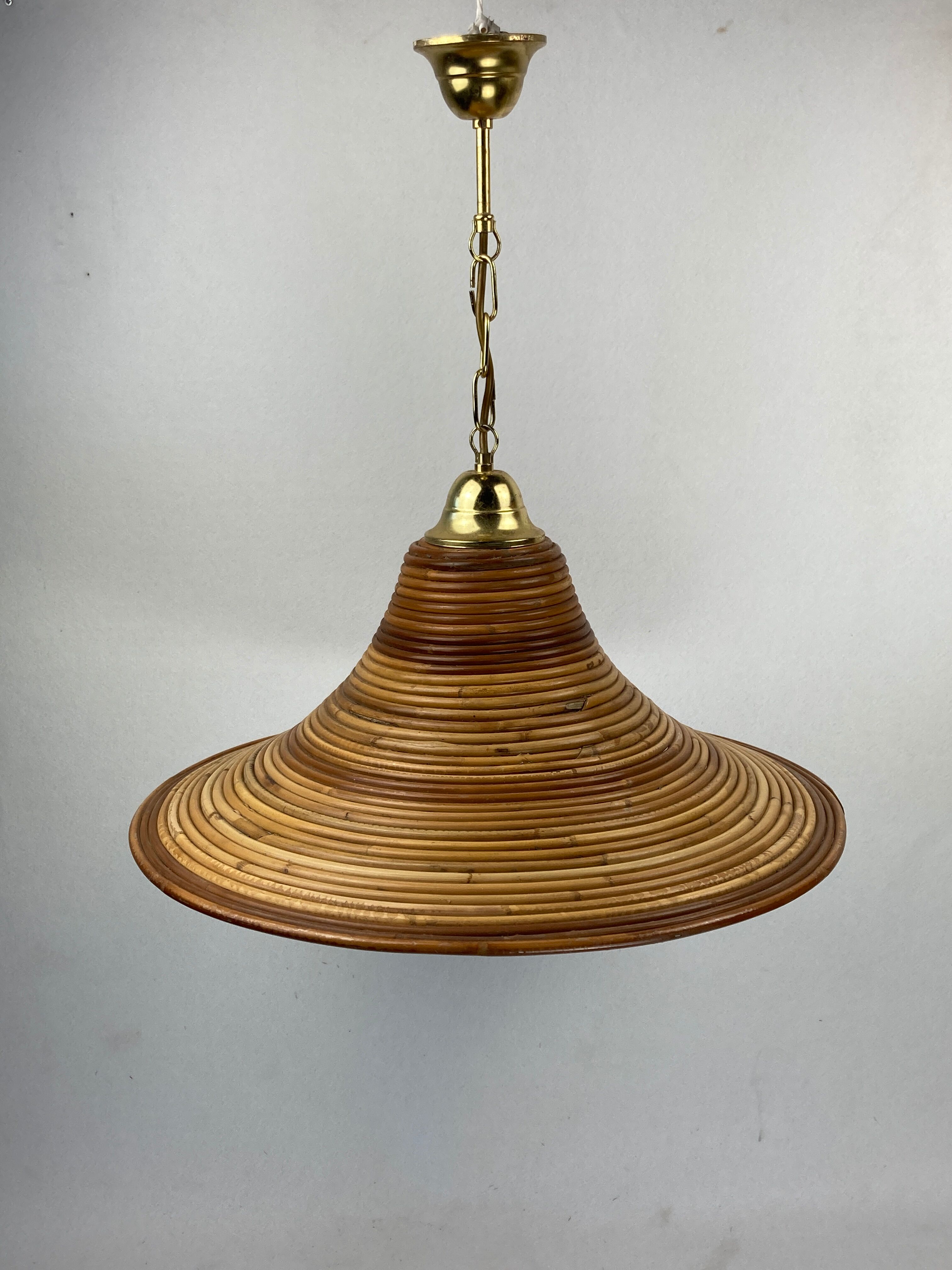 Pencil split reed rattan bamboo and brass pendant Lamp, 1970s