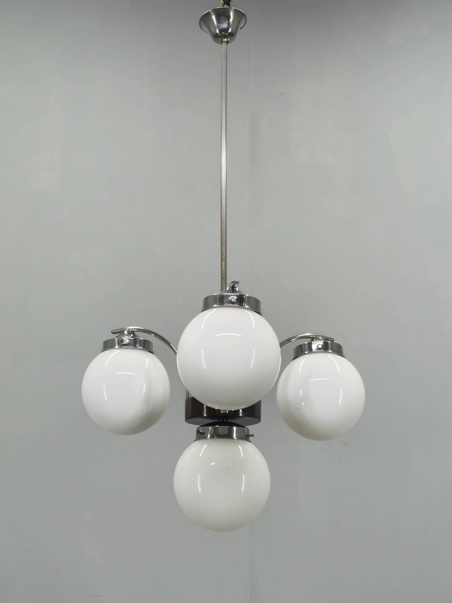 Czech Art Deco Chandelier from the 1930s with Four Opaline Glass Shades
