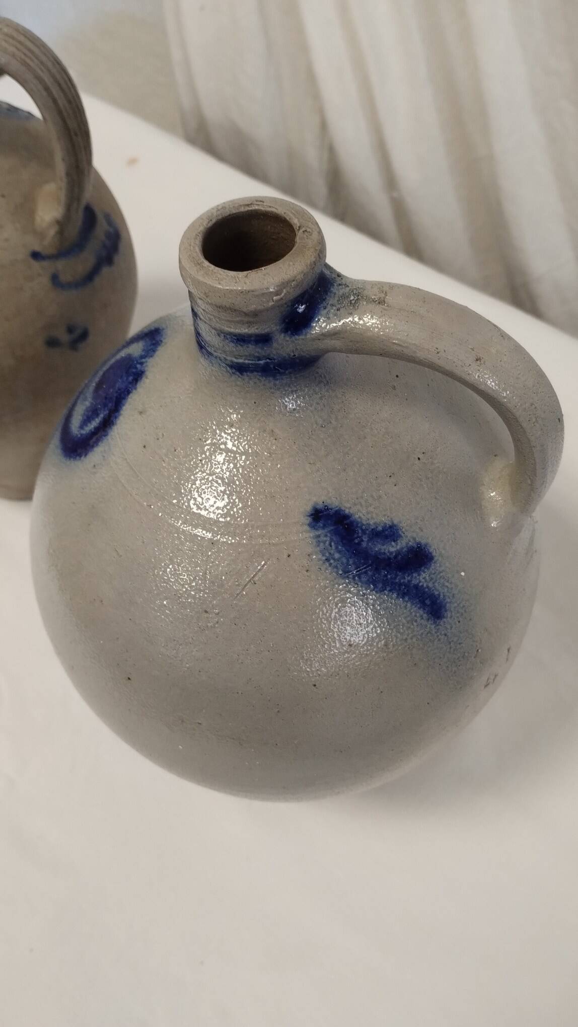 Set of 2 old Alsace stoneware jars (oil cruets)