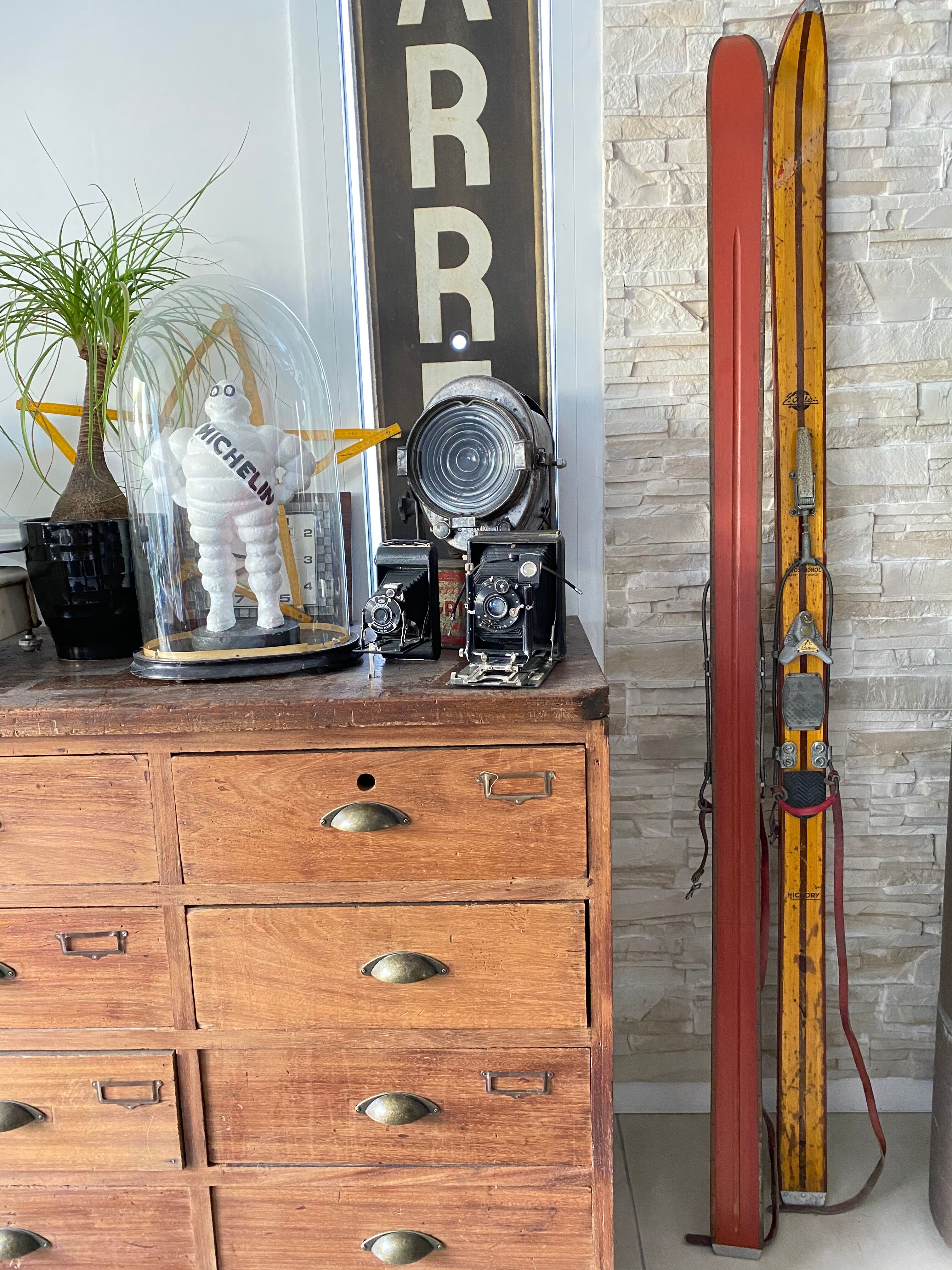 Vintage wooden Rossignol Hickory ski pair