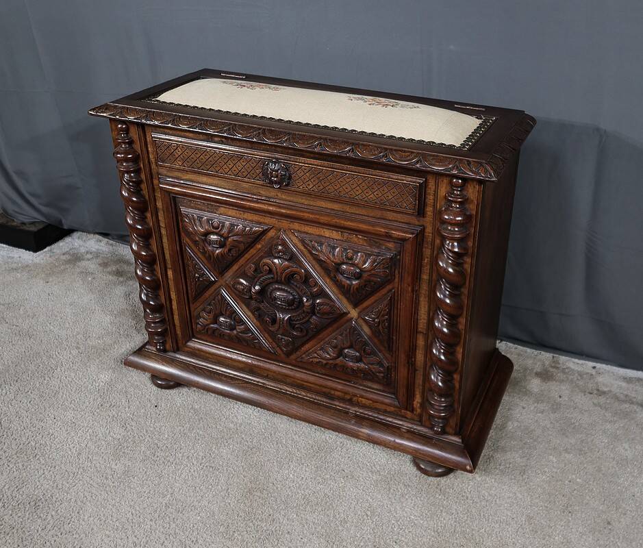 Coffre à linge de palier en hêtre et noyer massif, style louis xiii – fin xixe