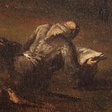 Antique Genoese painting from the 18th century, monks praying in a cave